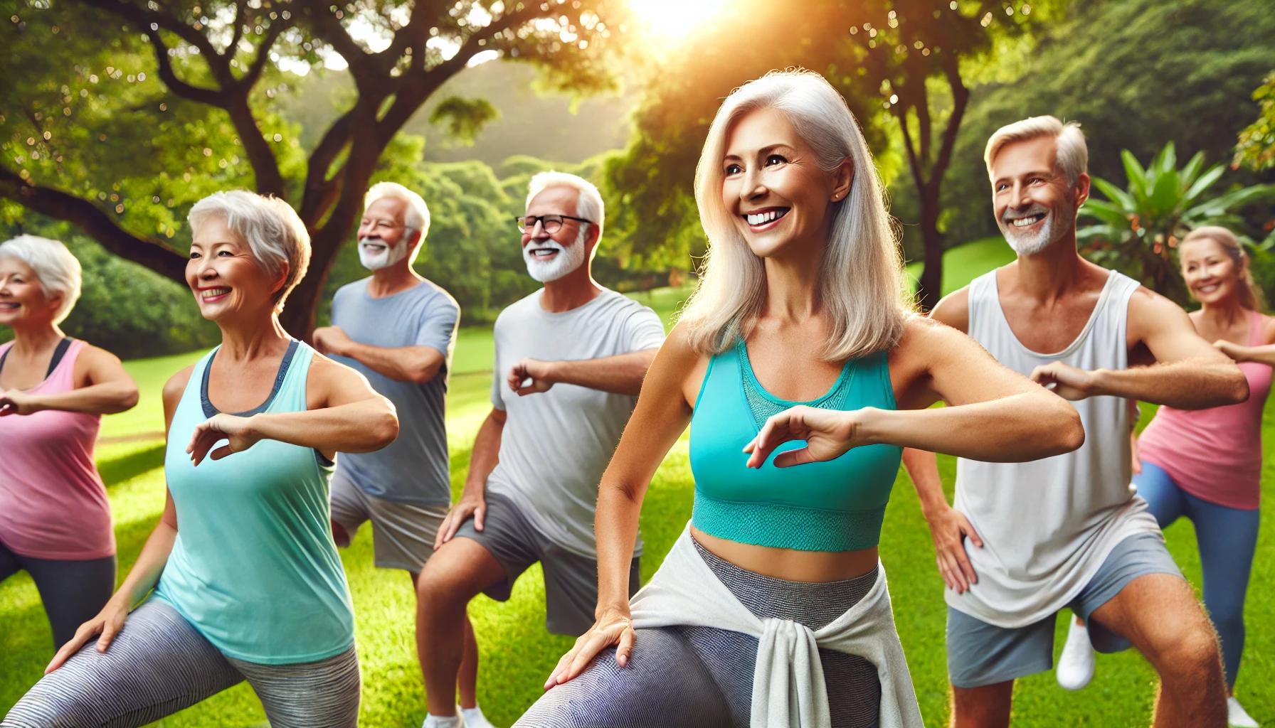 Adultos activos disfrutando ejercicios al aire libre